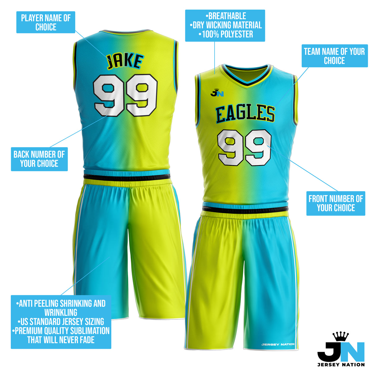 Custom Basketball Bulk Team Jersey and Shorts Set Green/Blue The